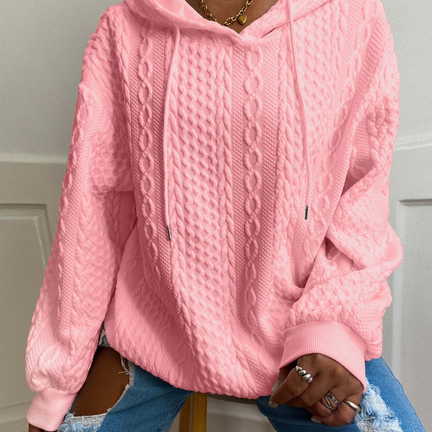 Plus Size Casual Hoodie, Women's Plus Solid Ribbed Long Sleeve Slight Stretch Hoodie Drawstring Sweatshirt