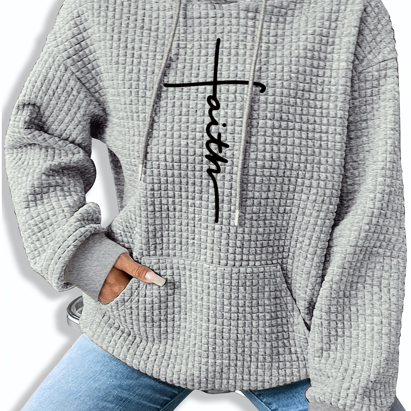 Graphic Print Solid Waffle Kangaroo Pocket Hoodie, Casual Long Sleeve Drawstring Hoodies Sweatshirt, Women'S Clothing