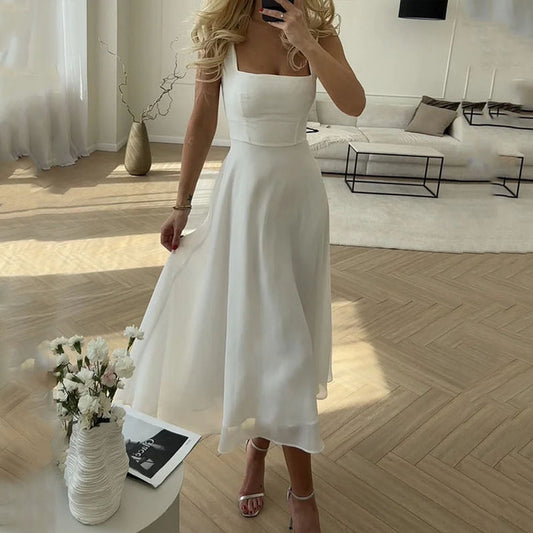 Elegant Midi Dress for Women with Square Neck Sleeveless A Line Flowing Cocktail Style