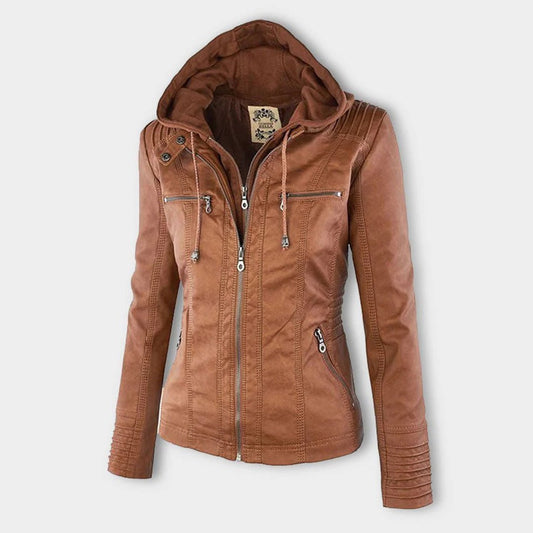 Elegant Faux Leather Moto Jacket for Women with Hooded Long Sleeve Quilted Fitted Style