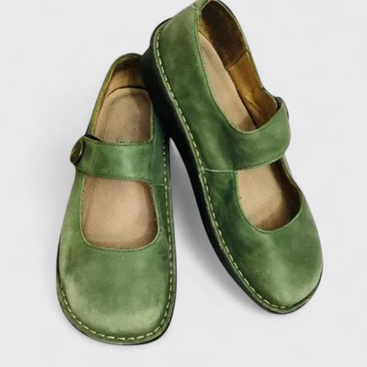 Comfortable Leather Mary Jane Shoe for Women with Round Toe Button Strap Stitched Sole Casual Style