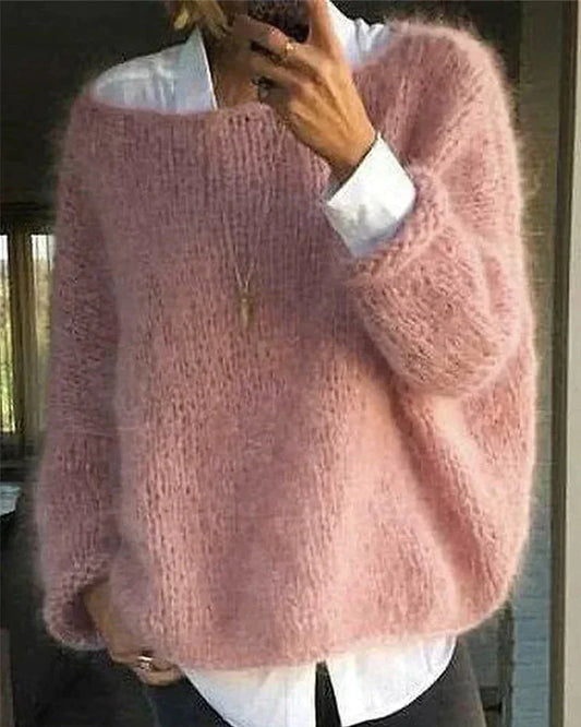 Comfortable Fuzzy Knit Sweater for Women with Boat Neck Long Sleeve Oversized Relaxed Style
