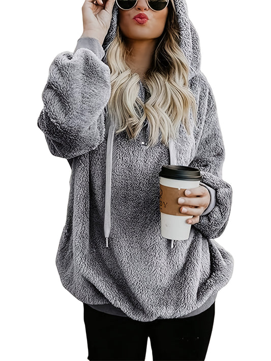 Comfortable Grey Sherpa Fleece Hoodie for Women with Hooded Quarter Zip Long Sleeve Oversized Casual Style