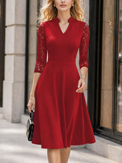 Women's Slim-fit Dress, Elegant Tailored Design, Suitable for Both Commuting and Parties, Long Sleeves with Lace Detailing, Waist-cinching Design, Mid-length for Autumn and Winter Workwear