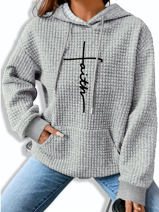 Comfortable Waffle Knit Hoodie for Women with Drawstring Hood Long Sleeve Kangaroo Pocket Graphic Style