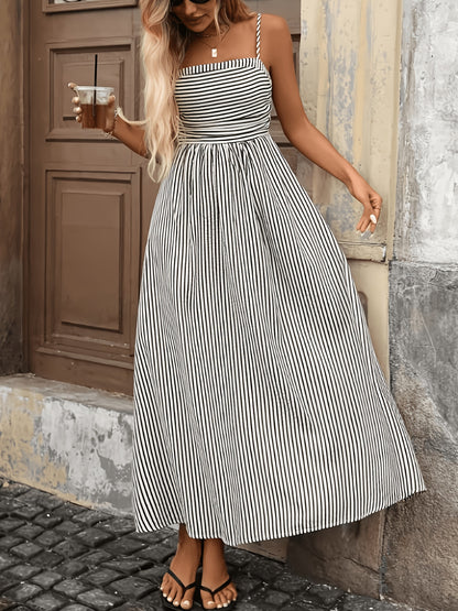 Women's New Striped Back Hole/Long Camisole Dress/Fashionable Elegant Commute Vacation/Casual Party/Street Trendy/Daily A-Line Skirt/Suitable for Spring Summer
