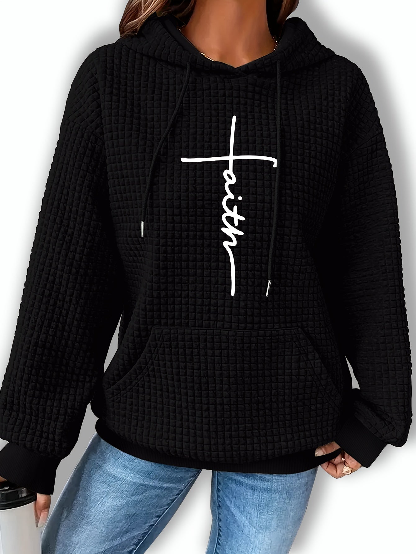 Graphic Print Solid Waffle Kangaroo Pocket Hoodie, Casual Long Sleeve Drawstring Hoodies Sweatshirt, Women'S Clothing