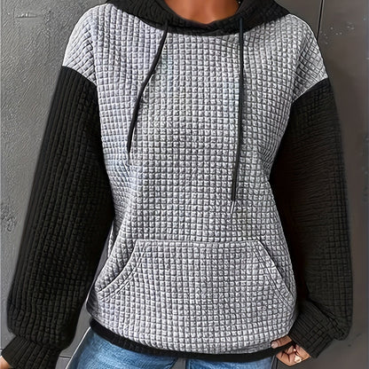 Women's Casual Waffle- Color-Block Hooded Sweatshirt - Relaxed Fit Long Sleeve Pullover with Drawstring Hood, Machine Washable Autumn Winter Fashion Top, Cute Sweatshirts, Autumn Apparel, Soft Fabric, Everyday Outfit, Waffle Design, Breathable Material, C