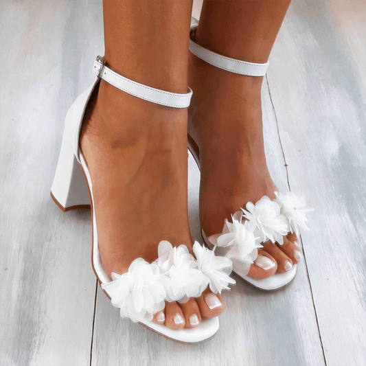 Elegant White Floral Applique Heeled Sandal for Women with Open Toe Ankle Strap Block Heel Wedding Guest Style