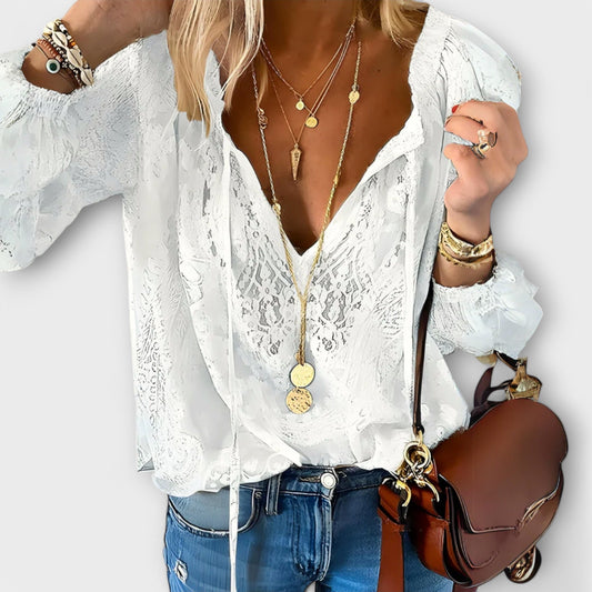 Effortless Lace Blouse for Women with V Neck Long Sleeve Tie Front Bohemian Style