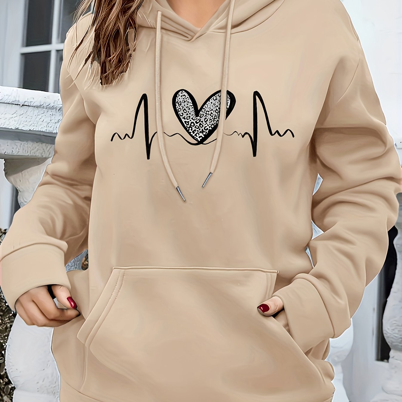 Fashion Hooded Sweatshirt For Women | Regular Fit, Heart Pattern, Drawstring Detail, Ideal For Fall/Winter