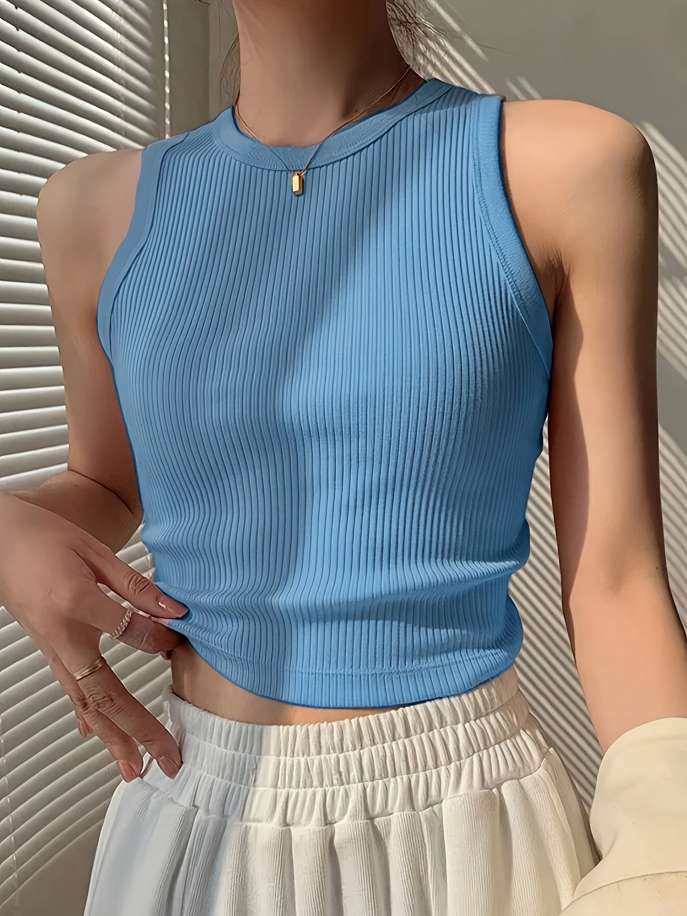 Women's Elegant Casual Ribbed Tank Top - Sleeveless Boat Neck Summer Top with Moderate Stretch, Solid Color Versatile Wear for Casual or Formal Outfits, Ladies Tank Tops, Warm Weather Outfit, Ribbed Texture, Stretchy Fabric, Stylish Ladies