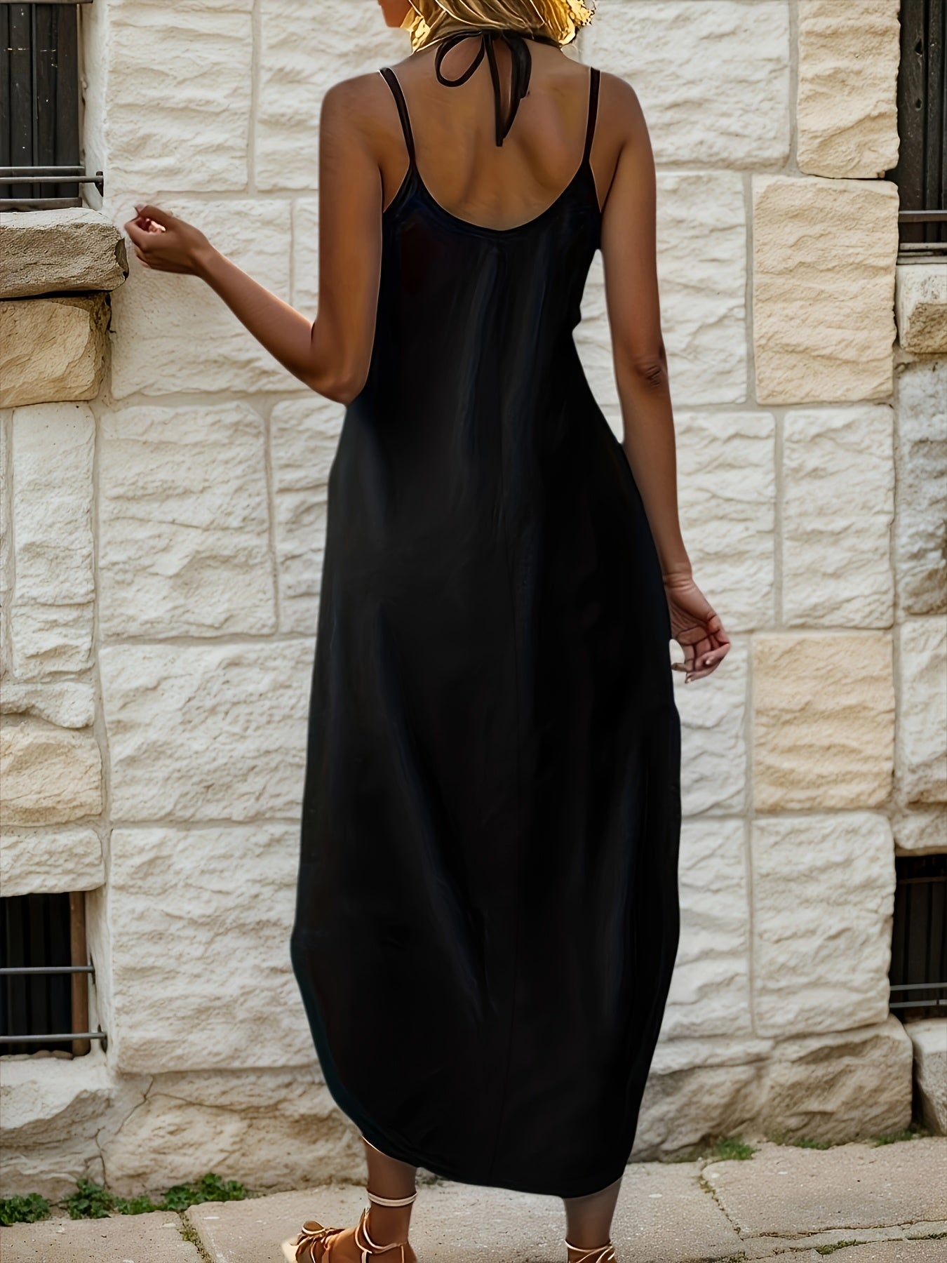[Women's A-line Dress] Women's Dress - Fashionable Elegant Casual Simple Solid Color Curved Hem Dress - Double Spaghetti Strap Design - Long A-line Dress for Spring, Summer - Suitable for Vacation, Dates, Commuting, Leisure, Daily Wear