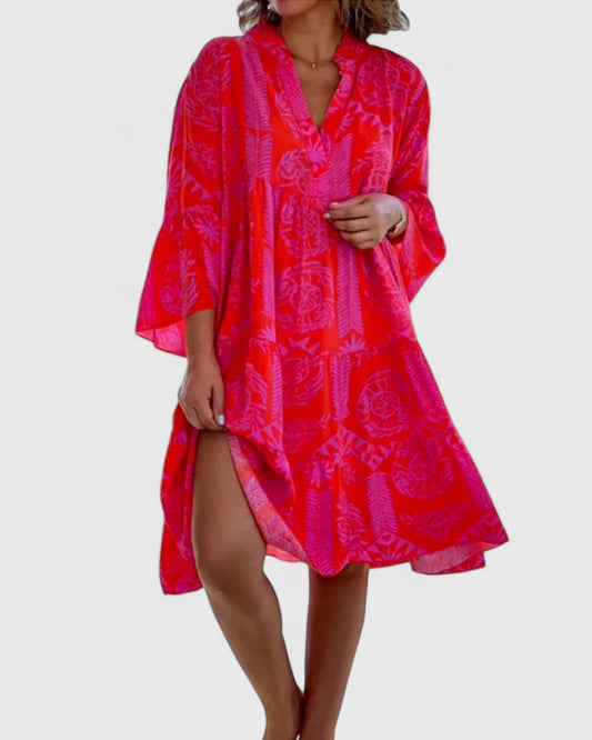 Effortless Printed Kaftan Midi Dress for Women with V Neck Bell Sleeve Tiered Side Slit Bohemian Style