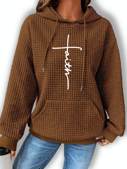 Graphic Print Solid Waffle Kangaroo Pocket Hoodie, Casual Long Sleeve Drawstring Hoodies Sweatshirt, Women'S Clothing