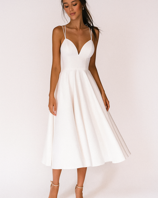 Elegant Satin Midi Dress for Women with V Neck Spaghetti Strap Crisscross Back Flowing Style