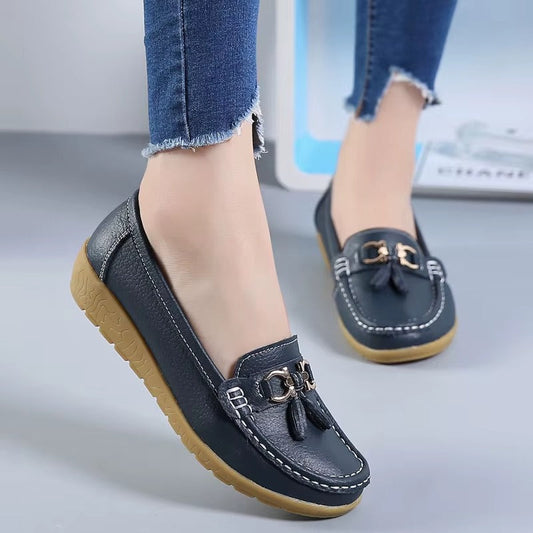 Comfortable Loafers for Women with Tassel Buckle Detail Moccasin Stitch Wedge Sole Style