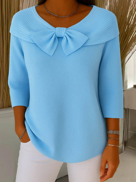 Comfortable Ribbed Knit Blouse for Women with V Neck Bow Tie Elbow Sleeve Relaxed Style