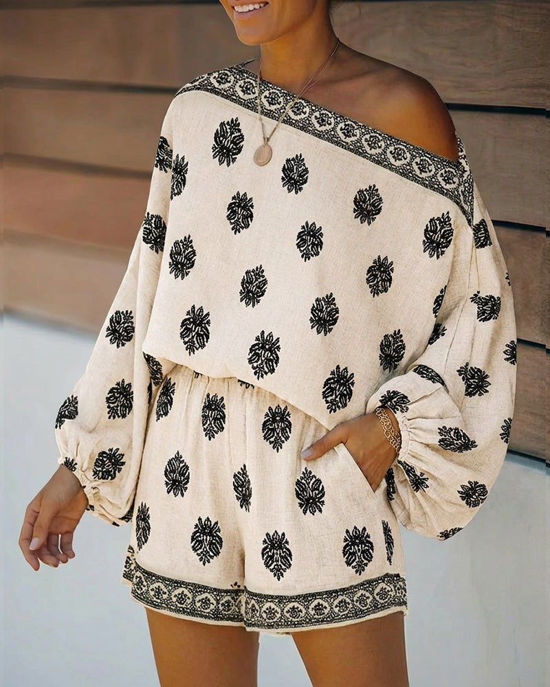 Indira | Women's Off-Shoulder Boho Print Two-Piece Set