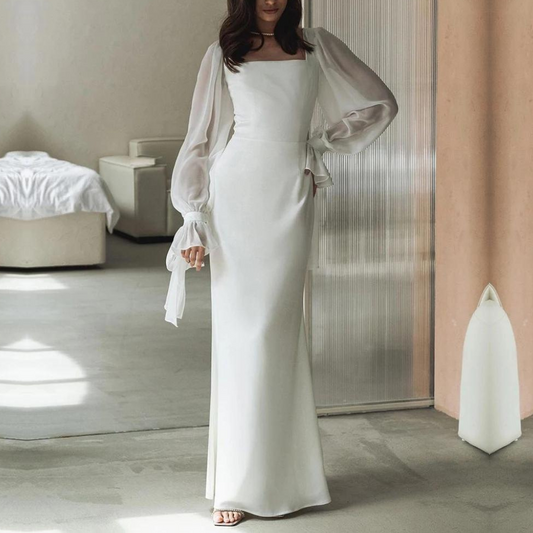 Elegant White Maxi Dress for Women with Square Neck Bishop Sleeve Sheath Formal Wedding Guest Style