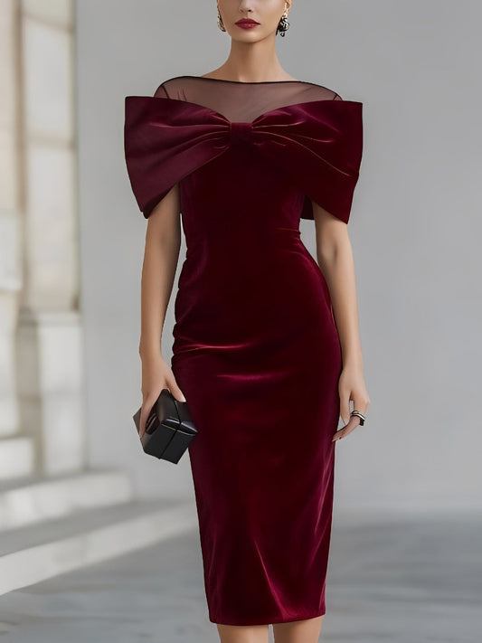 Elegant Burgundy Velvet Midi Dress for Women with Illusion Neck Cap Sleeve Bow Bodycon Cocktail Style