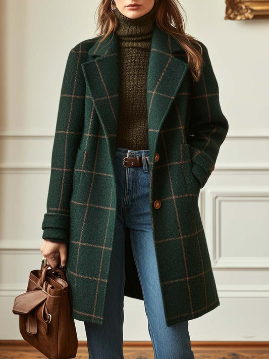 Elegant Windowpane Plaid Coat for Women with Notch Lapel Long Sleeve Double Breasted Relaxed Style