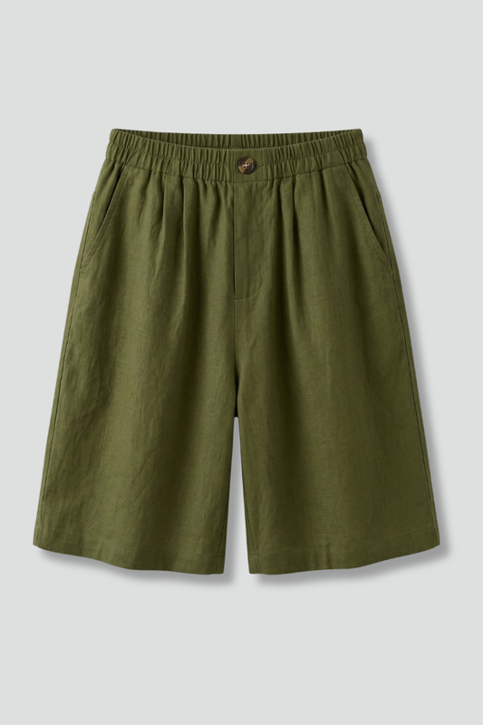 Effortless Linen Bermuda Shorts for Women with Elastic Waist Button Front Pleated Relaxed Style