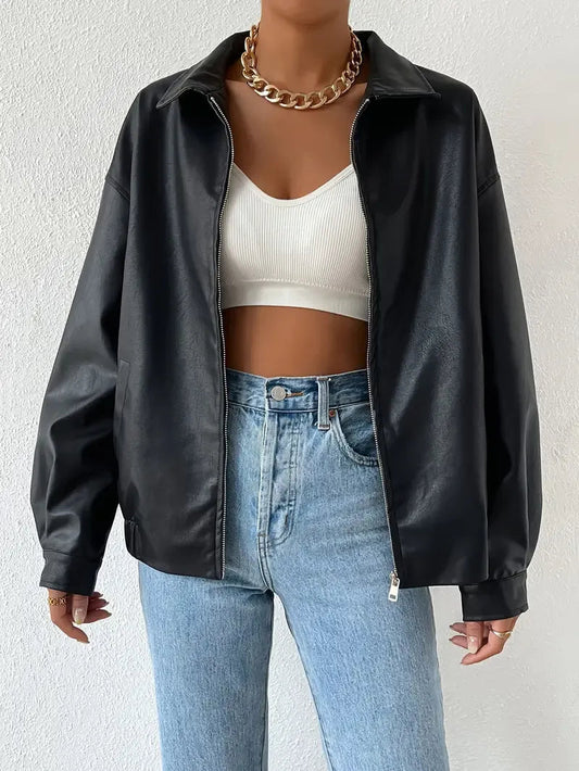 Elegant Black Faux Leather Jacket for Women with Collar Long Sleeve Oversized Zip Front Relaxed Style