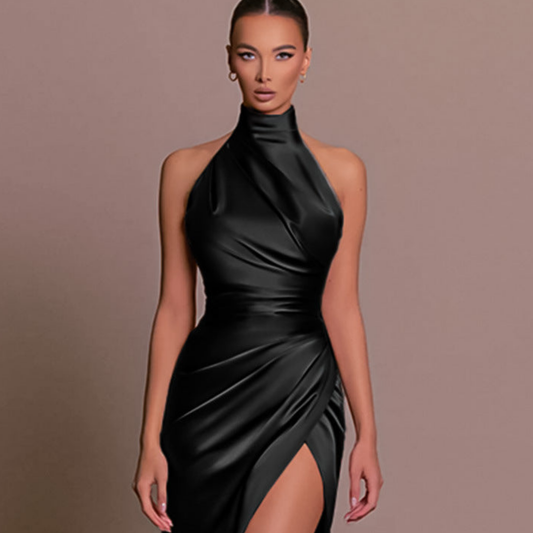 Elegant Satin Midi Dress for Women with Halter High Neck Ruched Wrap Thigh Slit Cocktail Style