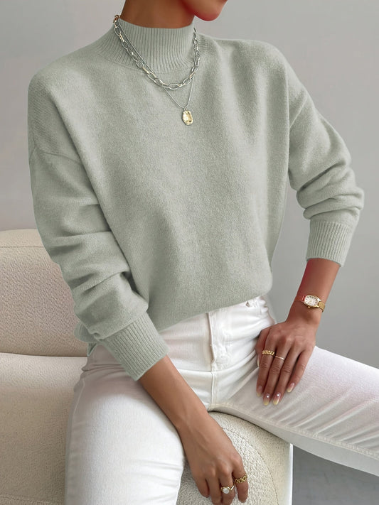 Comfortable Oversized Knit Sweater for Women with Mock Neck Long Sleeve Relaxed Ribbed Cuff Style