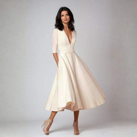 Elegant White Satin Midi Dress for Women with V Neck Elbow Sleeve Flowing A Line Formal Wedding Guest Style
