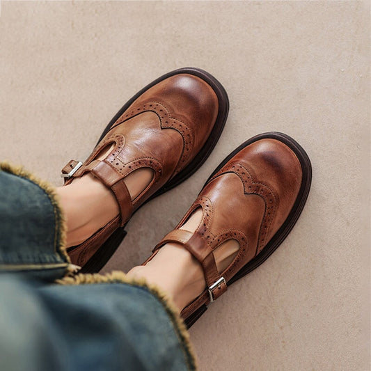 Elegant Leather Brogue Mary Jane Shoes for Women with Wingtip T Strap Buckle Platform Style