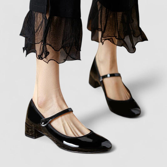 Elegant Patent Leather Mary Jane Heels for Women with Round Toe Ankle Strap Block Heel Vintage Style