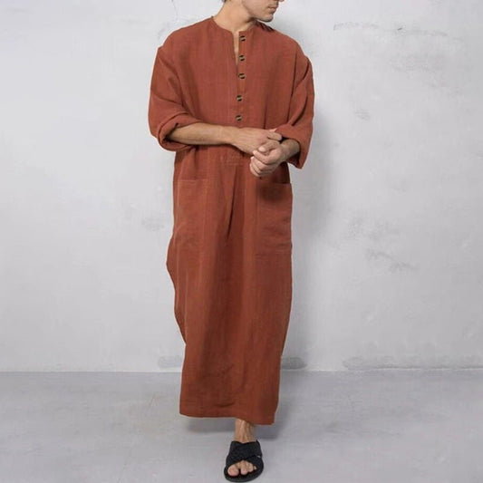 Effortless Linen Kaftan Dress for Women with Mandarin Collar Long Sleeve Button Front Relaxed Style