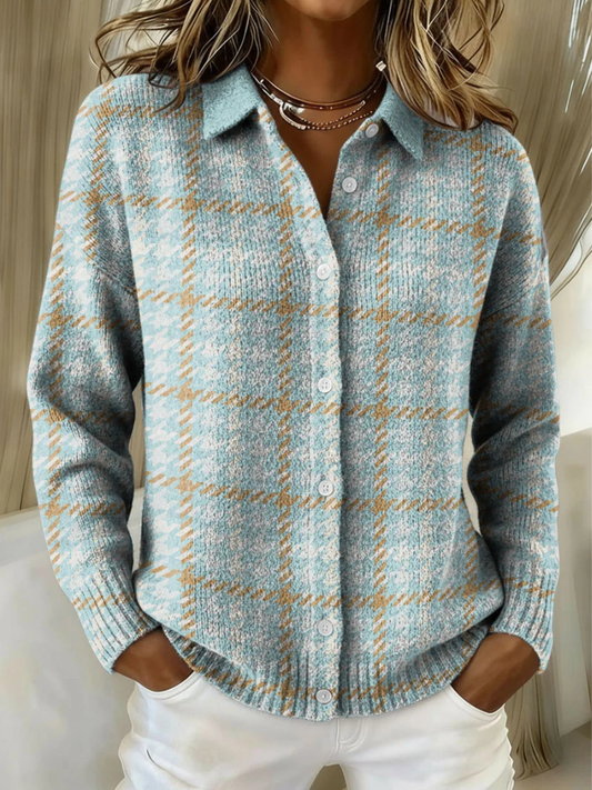 Elegant Blue Houndstooth Knit Shirt for Women with Collar Long Sleeve Button Front Relaxed Style