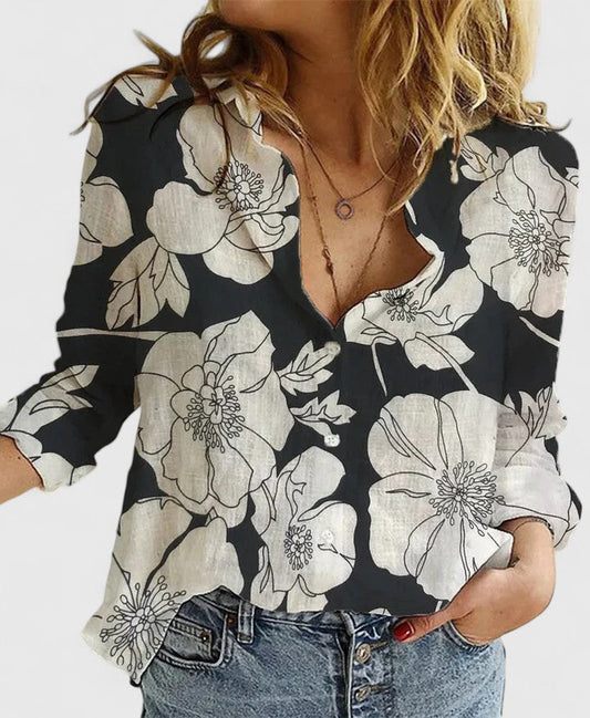 Effortless Linen Blouse for Women with Collar V Neck Long Sleeve Button Front Casual Style