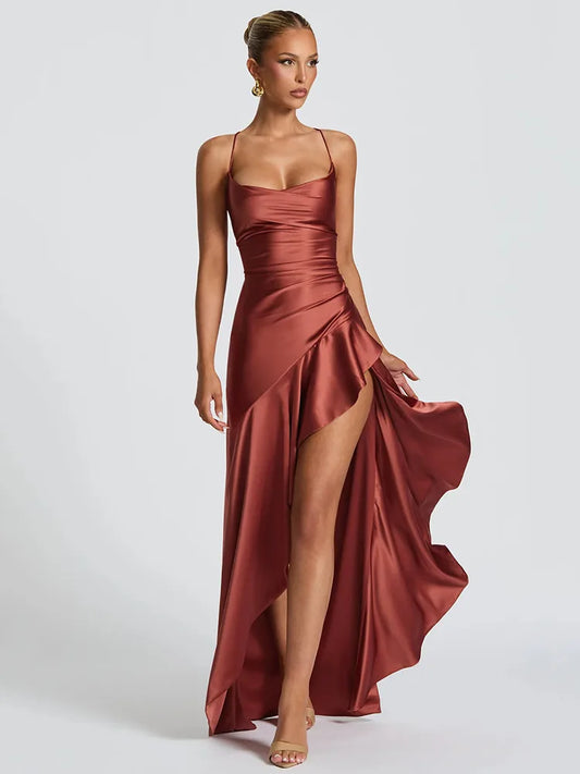 Elegant Satin Maxi Dress for Women with Cowl Neck Spaghetti Strap Ruffle High Slit Formal Wedding Guest Style