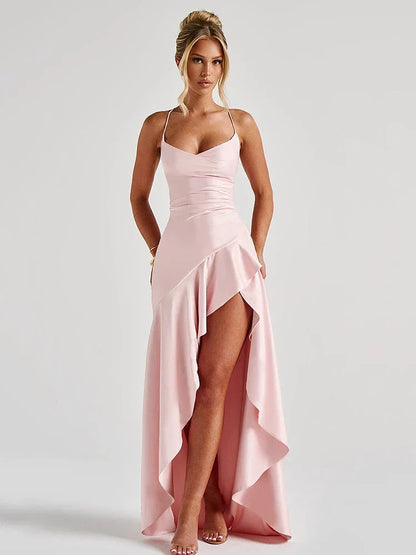 Renata | Women's Spaghetti Strap Ruched High Slit Maxi Dress