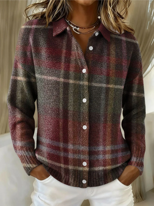 Effortless Burgundy Plaid Flannel Shirt Jacket for Women with Collar Long Sleeve Button Front Relaxed Style