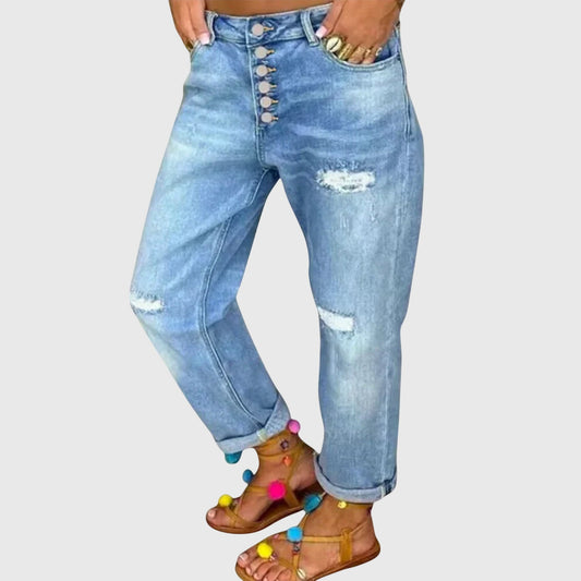 Effortless Blue Distressed Denim Jeans for Women with High Waist Button Fly Relaxed Cuffed Style