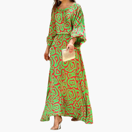 Effortless Abstract Print Maxi Dress for Women with Round Neck Batwing Sleeve Flowing Bohemian Style
