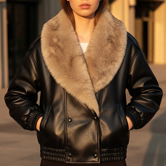 Elegant Faux Fur Collar Leather Jacket for Women with Oversized Long Sleeve Snap Button Relaxed Style
