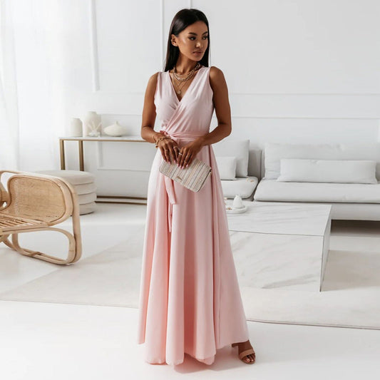 Elegant Wrap Maxi Dress for Women with V Neck Sleeveless Tie Waist Flowing Style