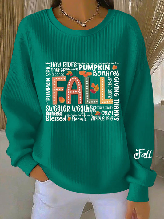 Comfortable Blue Green Fall Print Sweatshirt for Women with Crew Neck Long Sleeve Ribbed Knit Relaxed Style