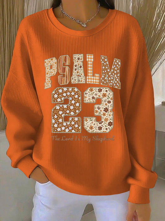 Comfortable Orange Ribbed Graphic Sweatshirt for Women with Crew Neck Long Sleeve Relaxed Oversized Knit Style