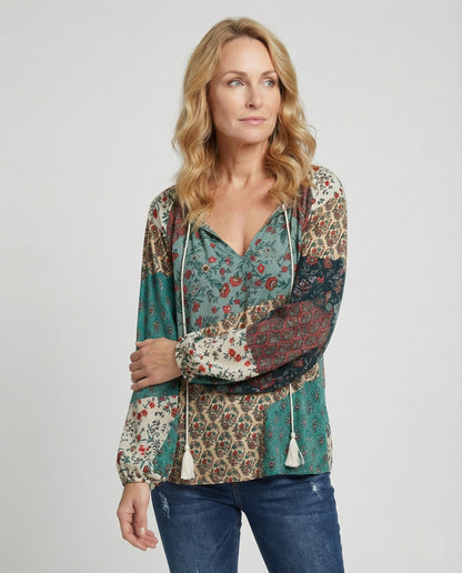 Tierney | Women's Boho Patchwork Long Sleeve Blouse