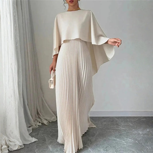 Elegant Pleated Maxi Dress for Women with Round Neck Cape Sleeve Flowing Kaftan Style