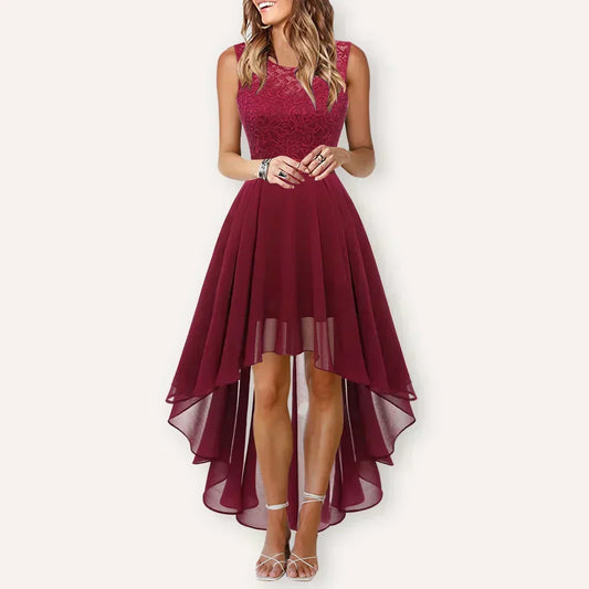 Elegant Lace Fit and Flare Dress for Women with Round Neck Sleeveless High Low Hem Cocktail Style