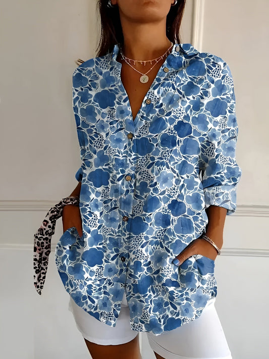 Effortless Floral Blouse for Women with V Neck Long Sleeve Button Front Relaxed Casual Style