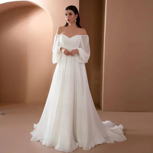 Elegant White Chiffon Wedding Dress for Women with Off Shoulder Sweetheart Neckline Bishop Sleeve Flowing Bridal Style